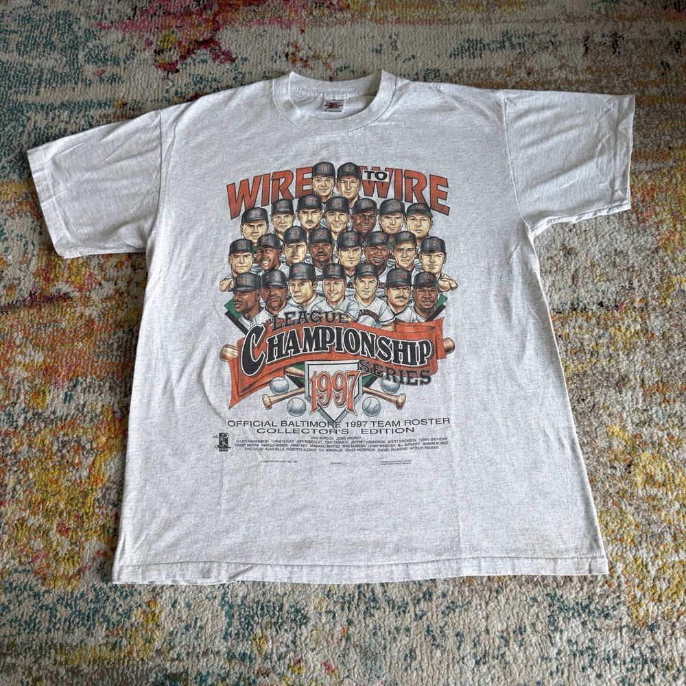 Vintage 1997 Baltimore Orioles ALCS Wire to Wire T-Shirt Mens XL Team Roster